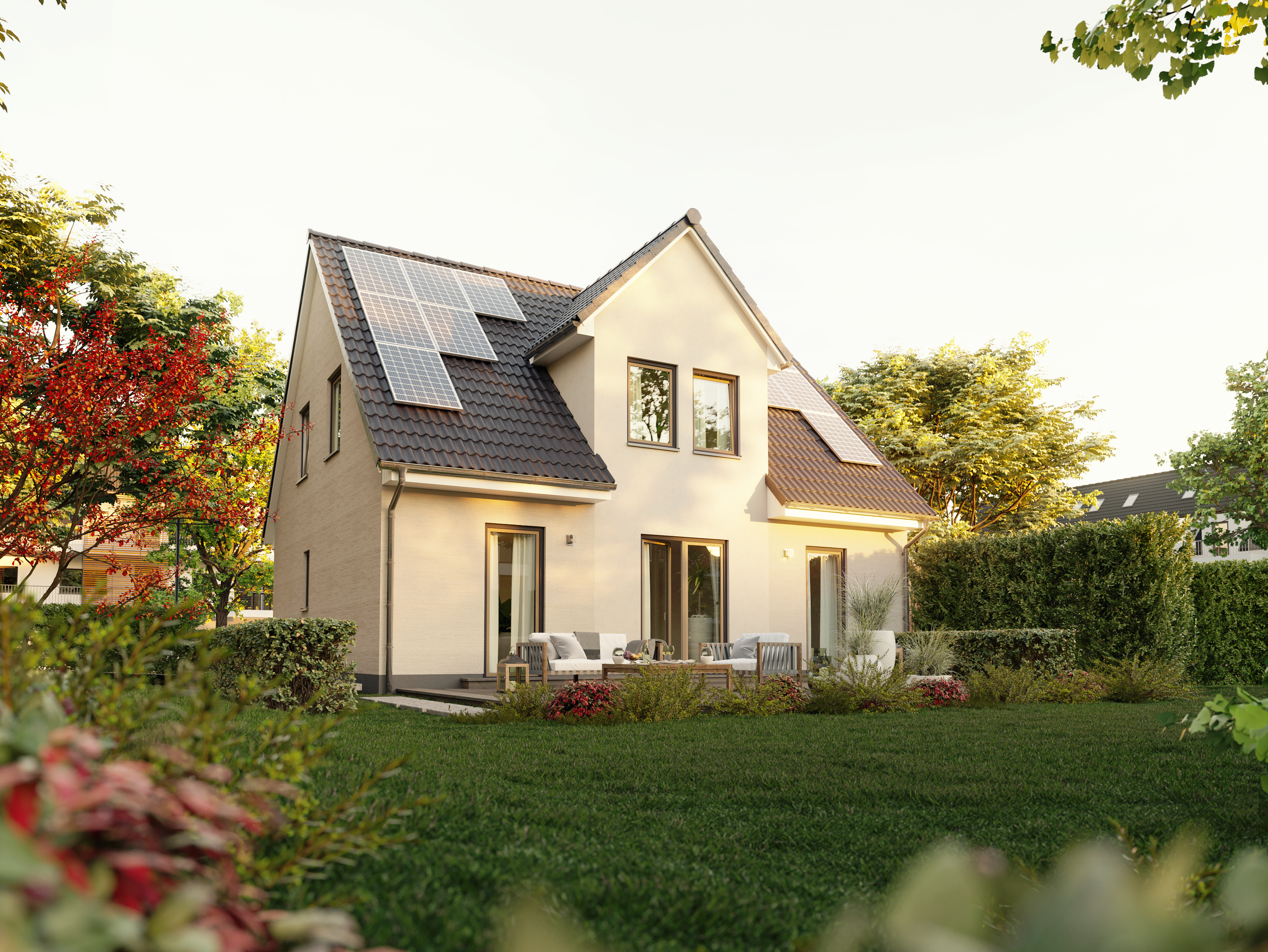 Flair 134 Gartenansicht mit PV-Anlage auf dem Dach Flair 134 im Gartenblick mit moderner PV-Anlage auf dem Dach für nachhaltiges Wohnen.